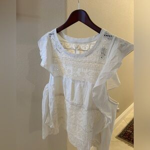 Anthropologie “sustainable lace tank” white tank top with eyelet panels ruffle
